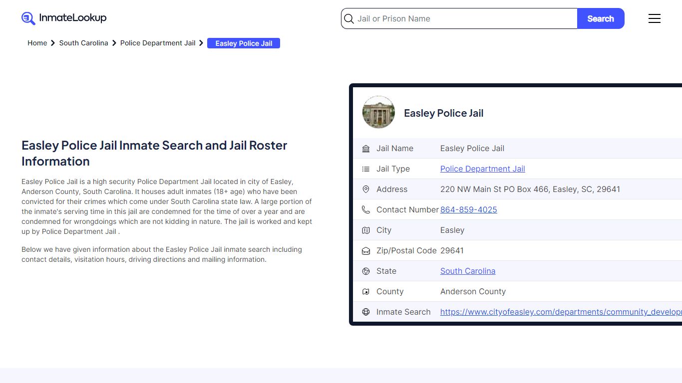 Easley Police Jail Inmate Search and Jail Roster Information
